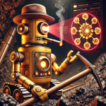 Image of robot with hat, smoking a cigar and mining in a cave. The robot is also projecting an image of a molecular structure.