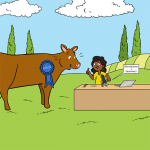 Illustration of brown cow receiving a blue ribbon, woman standing next to it doing research at a desk