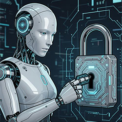 Glossy white female robot using hand as key to open digital lock