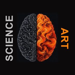 graphic with a brain graphic in the middle. words 'art' and 'science' on the sides
