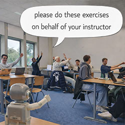 small robot instructing classroom of adults to do stretching exercises